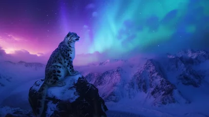 Poster Snow leopard in wild snow field with beautiful aurora northern lights in night sky with snow forest in winter. © rabbit75_fot