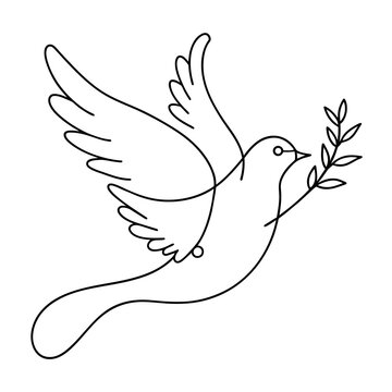 One continuous line drawing of dove of peace flying with olive twig