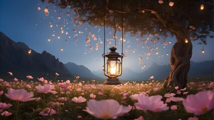 In a flower field, a lantern is suspended from a tree.
