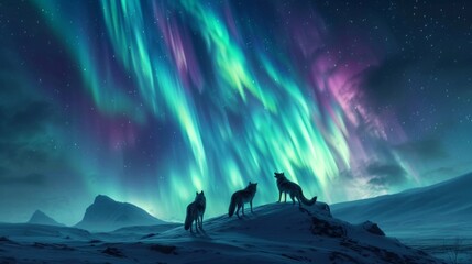 Wolves herd in wild snow field with beautiful aurora northern lights in night sky with snow forest in winter. - obrazy, fototapety, plakaty