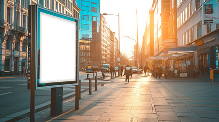Billboard advertisement template on a city square, the white poster design becoming a landmark in...