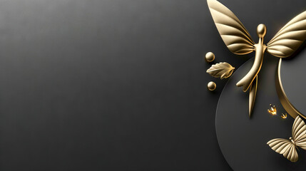 A clean black background with gold butterflies and objects