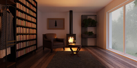 Naklejka premium Living room with central fireplace 3d render illustration