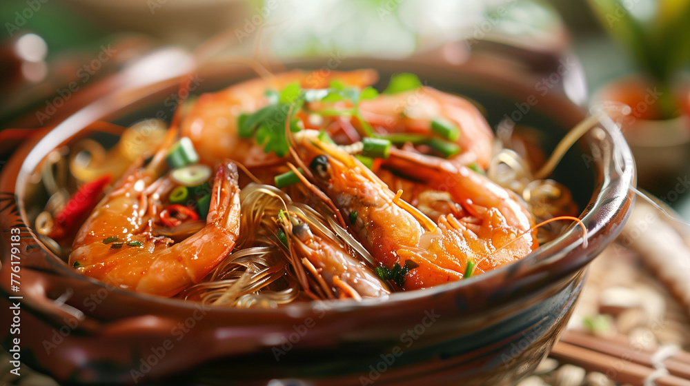 Sticker Baked Shrimp with Glass Noodles in clay pot cooking,