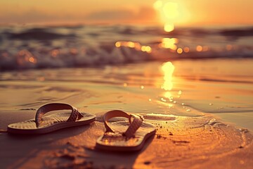 Fototapeta na wymiar A pair of flip-flops abandoned on the wet sand as the sun sets over a tranquil ocean horizon. Flip-Flops on a Sandy Beach at Sunset