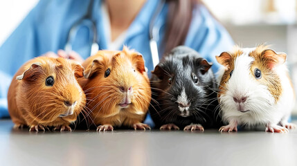 Cute various guinea pigs sit in a bunch on a table in veterinary office, against the backdrop of doctor in medical uniform. Animal health, feeding and caring for them. Horizontal frame, copy space - obrazy, fototapety, plakaty