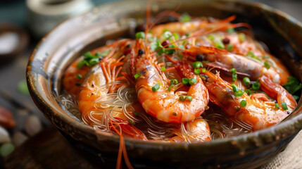 Baked Shrimp with Glass Noodles in clay pot cooking,