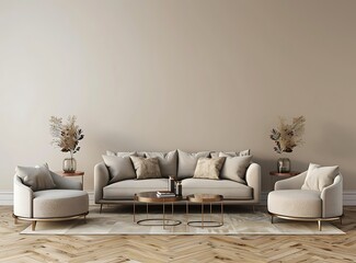 3D rendering of a luxury modern living room with a sofa set in the middle between two coffee tables on a wood floor with a beige wall background interior design