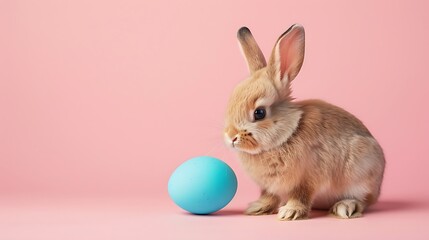 Easter bunny on a pink background with a blue Easter egg