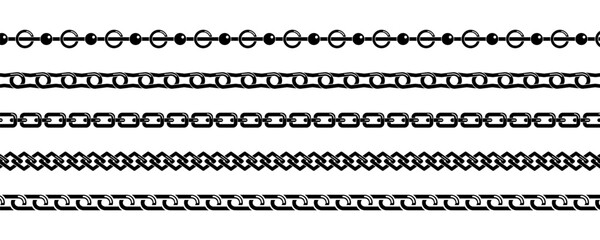 Silver and gold vertical and horizontal chains set of various ornament shapes and thicknesses. Set of colorful chains isolated on white background.