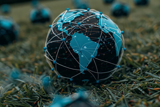 An image depicting a globe with network lines on it, nestled in a lush forest setting, symbolizing global connectivity and environmental stewardship..