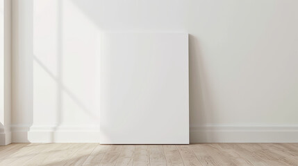 blank canvas, mockup on woorden floor against wall