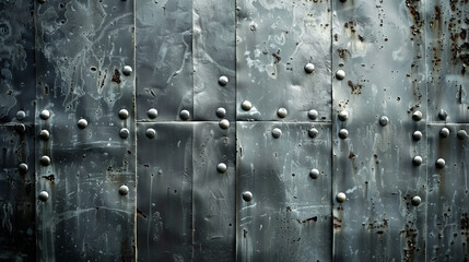 Close-up of a textured metallic wall with rivets, showcasing reflections and unique patterns on its dark, glossy surface.