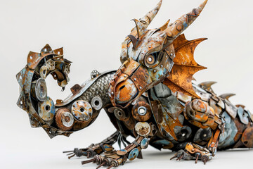 A creatively crafted dragon sculpture made from metal parts, isolated on a white background.