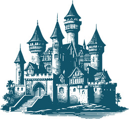 engraving drawing of an ancient stone castle with towers in a vector stencil drawing