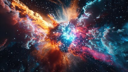 A breathtaking view of a colorful supernova explosion, with shock waves of gas and dust expanding...