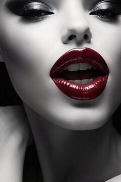 An alluringly intimate portrait of a woman's elegant features on black and white photography. Her lips exude sensuality and mystery.