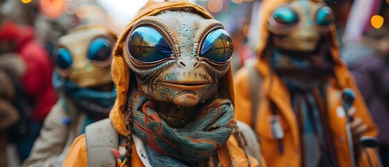 Vibrant outdoor carnival with people in alien masks celebrating in festive Mardi Gras spirit. Concept Mardi Gras Celebration, Alien Masks, Festive Carnival, Vibrant Outdoor Setting