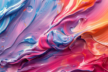 Close-up photo of colorful acrylic paint strokes creating an abstract, vibrant texture..