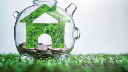 A glass teapot is filled with coins and topped with a green, plant-covered house-shaped structure, resting on grass.