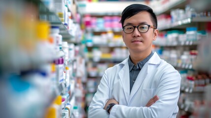 Fototapeta na wymiar Portrait of smiling Asian male pharmacist in a drug store