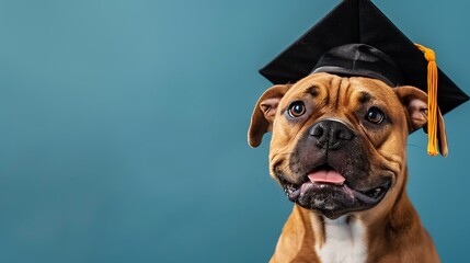 Funny dog in graduation cap on colored background - obrazy, fototapety, plakaty