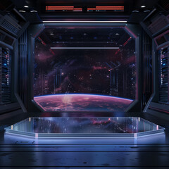 A high-tech control room in a space station, featuring advanced holographic interfaces and a central futuristic command console.