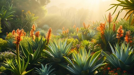 Aloe vera plant growing in garden. - obrazy, fototapety, plakaty