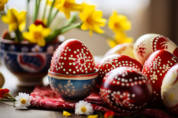 Obraz na płótnie Canvas Easter eggs and flowers on wooden tables, bright color patterns, Happy Easter concept