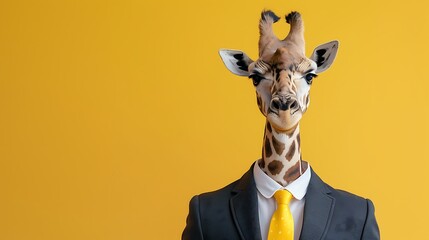 giraffe in a business suit with a yellow tie on colored background