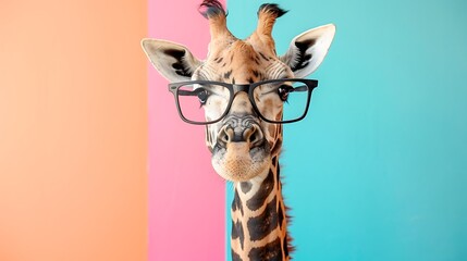 Giraffe wearing glasses on colored background