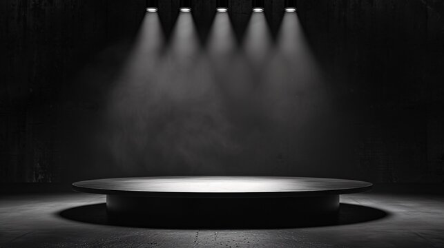 A podium illuminated by spotlights a blank canvas backdrop ready to spotlight the new merchandise