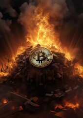 Burning in flames and decreasing bitcoin cryptocurrency. Generative AI.