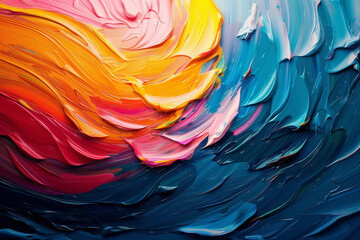 Close-up photo of colorful acrylic paint strokes creating an abstract, vibrant texture..