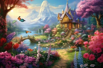 Obraz premium Beautiful garden, A beautiful garden with blooming flowers and fluttering butterflies, AI generated