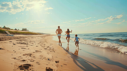 family running on beach, vacation
