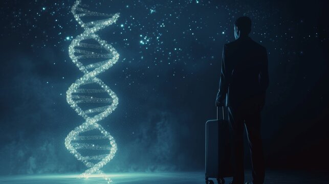 Research scientist is studying a glowing 3D DNA molecular model in a biochemistry lab