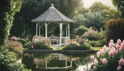 A white gazebo in the middle of an English garden with many flowers, surrounded by water. Generative AI.
