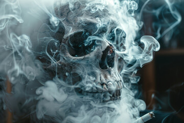 A human skull with a lit cigarette in its mouth, enveloped by intricate patterns of swirling smoke, conveying the impact of smoking.. - obrazy, fototapety, plakaty