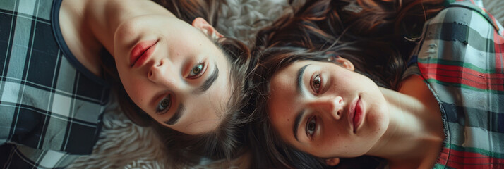 Two Mysterious and Startled Young Women Staring with Captivating Expressions in a Surreal and Dramatic Dreamlike Atmosphere - obrazy, fototapety, plakaty