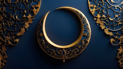 Elegant golden crescent moon perfect for an Eid al-Fitr set against a deep blue backdrop.