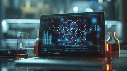 High-tech laboratory featuring an advanced microscope and a digital screen displaying molecular structures.