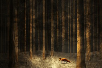 Antique illustration of a fox amidst tall forest trees capturing the enchantment of the woods
