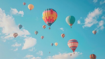 A cluster of colorful hot air balloons ascending into a clear blue sky, painting a picturesque scene against the backdrop of clouds. - obrazy, fototapety, plakaty