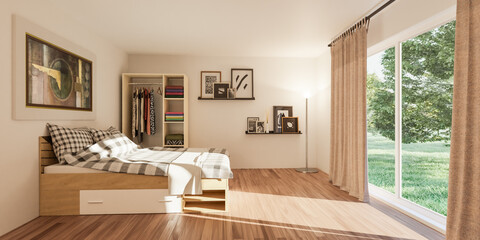 Bedroom with bed and window 3d render illustration