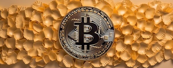 Top view of golden bitcoin coin, cryptocurrency together, banner. Generative AI.