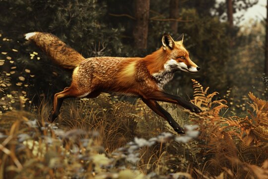 Antique fox hunting scene in a forest vintage illustration with dynamic motion and detailed vegetation
