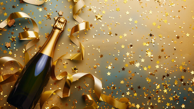 a golden champagne bottle, confetti stars, and ribbons