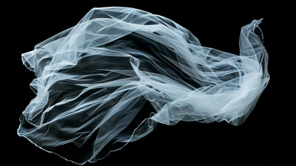 Fototapeta premium Flaying wedding white Bridal veil isolated on black background. 
