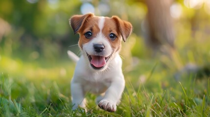 Happy active jack russel puppy running in the grass in summer - obrazy, fototapety, plakaty